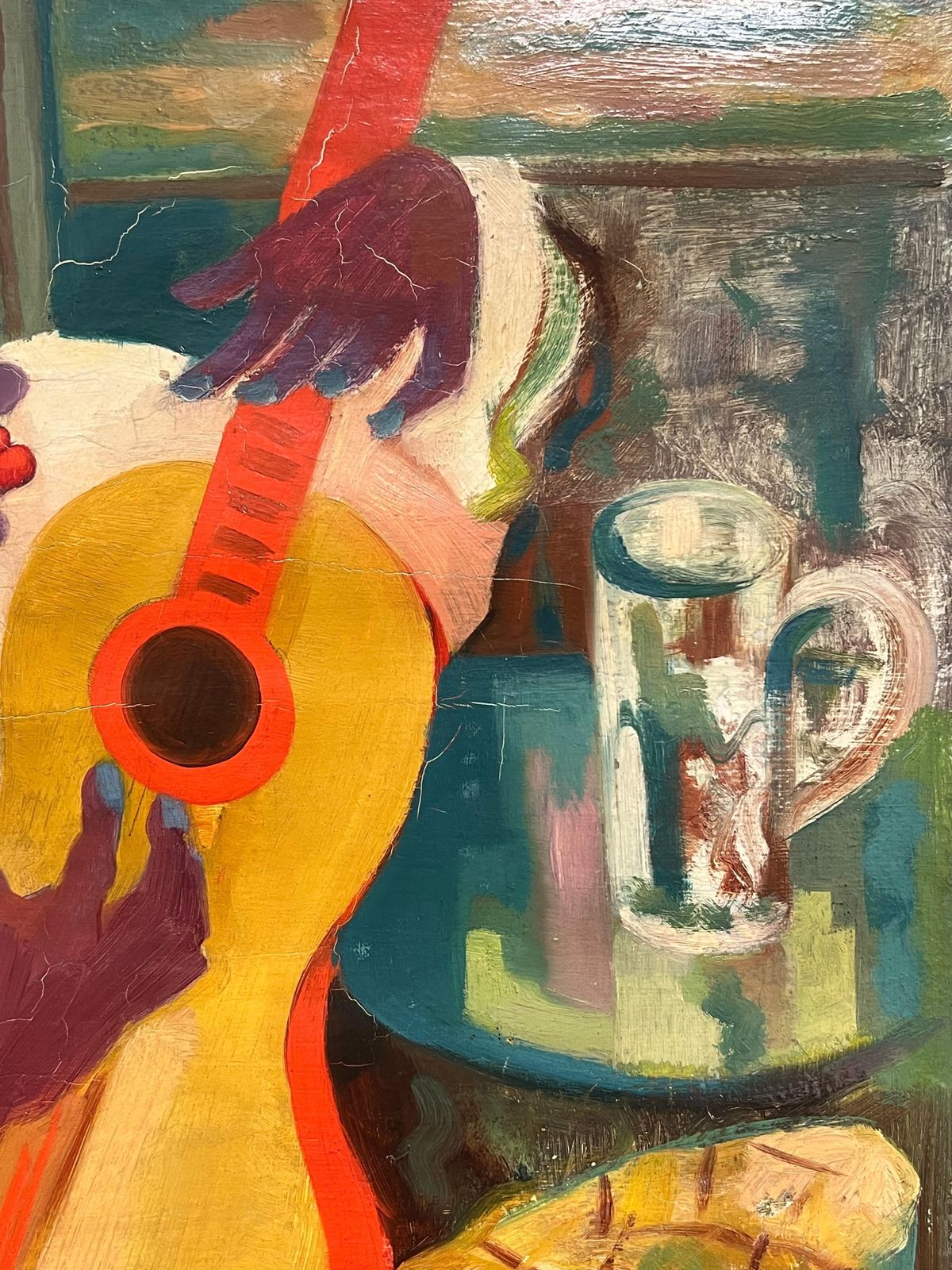 Vibrant Cubist Portrait Of A Musician With Guitar Mid 20th Century Painting photo vinterior