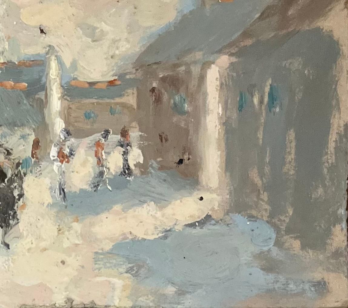 French Impressionist Oil Painting Of Village Scene With Strolling Figures 20th Century photo for sale