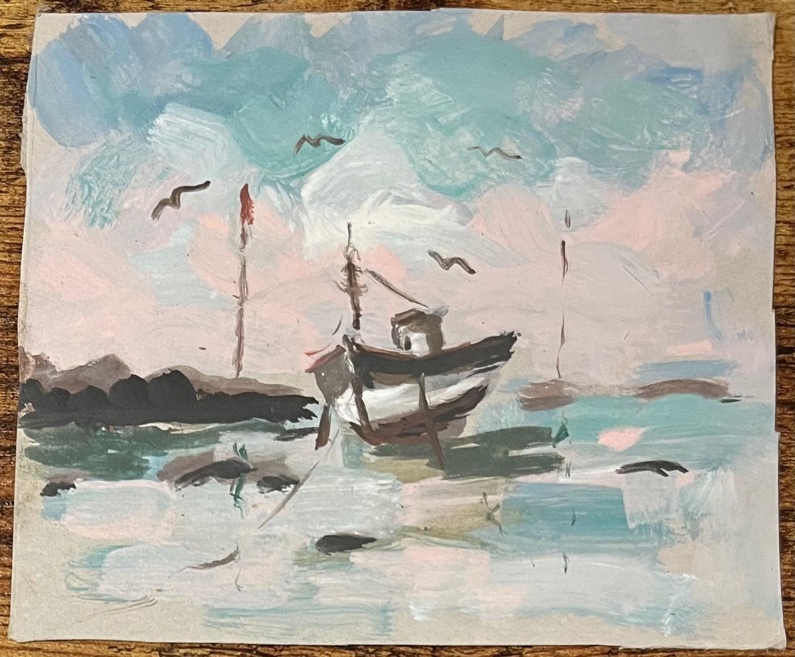 French Impressionist Acrylic Painting Of A Solitary Boat At Low Tide photo furniture
