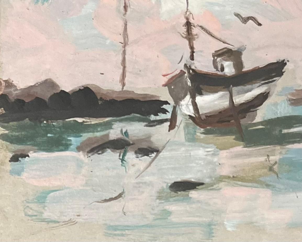 French Impressionist Acrylic Painting Of A Solitary Boat At Low Tide photo Art