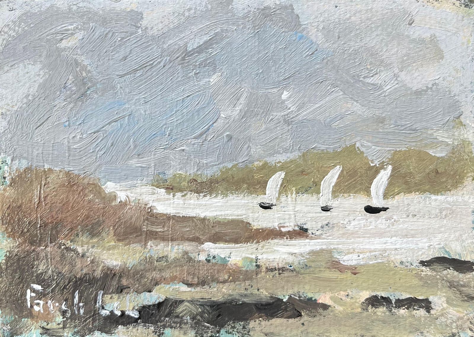 French Impressionist Oil Painting Of Sailboats In Regatta At Saint Lunaire Bay