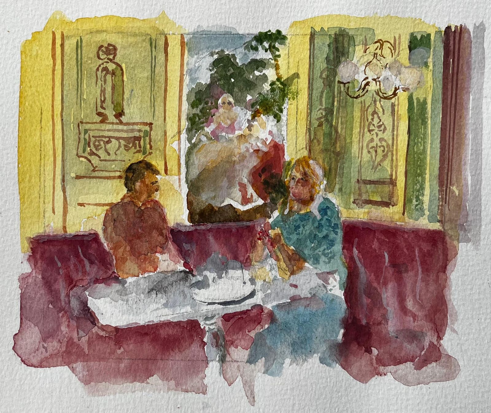 Anthony Herbert Café Interior With Man And Woman Seated Burgundy Banquette And Parisian Décor