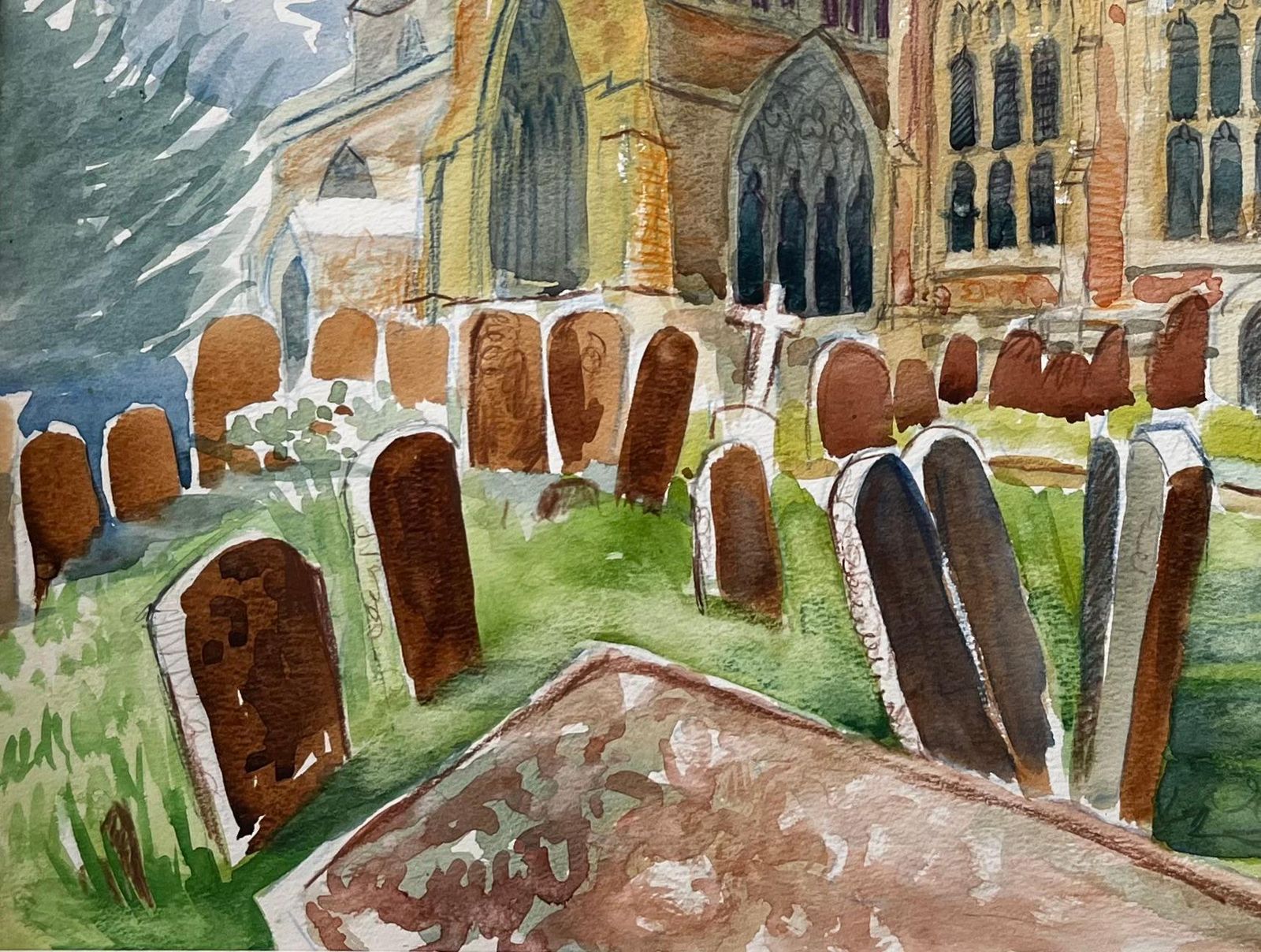 John Steane (B.1931) Adderbury Church Oxfordshire Watercolour With Gravestones And Dramatic Sky 2000 photo Art