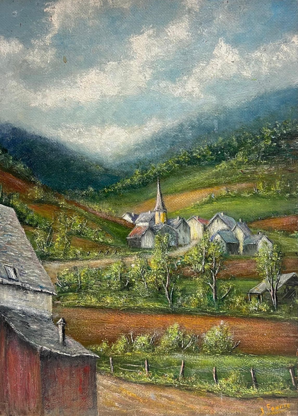 Jean Fourie Village Church Hidden In The French Valleys 20th C. Oil Painting Landscape photo furniture