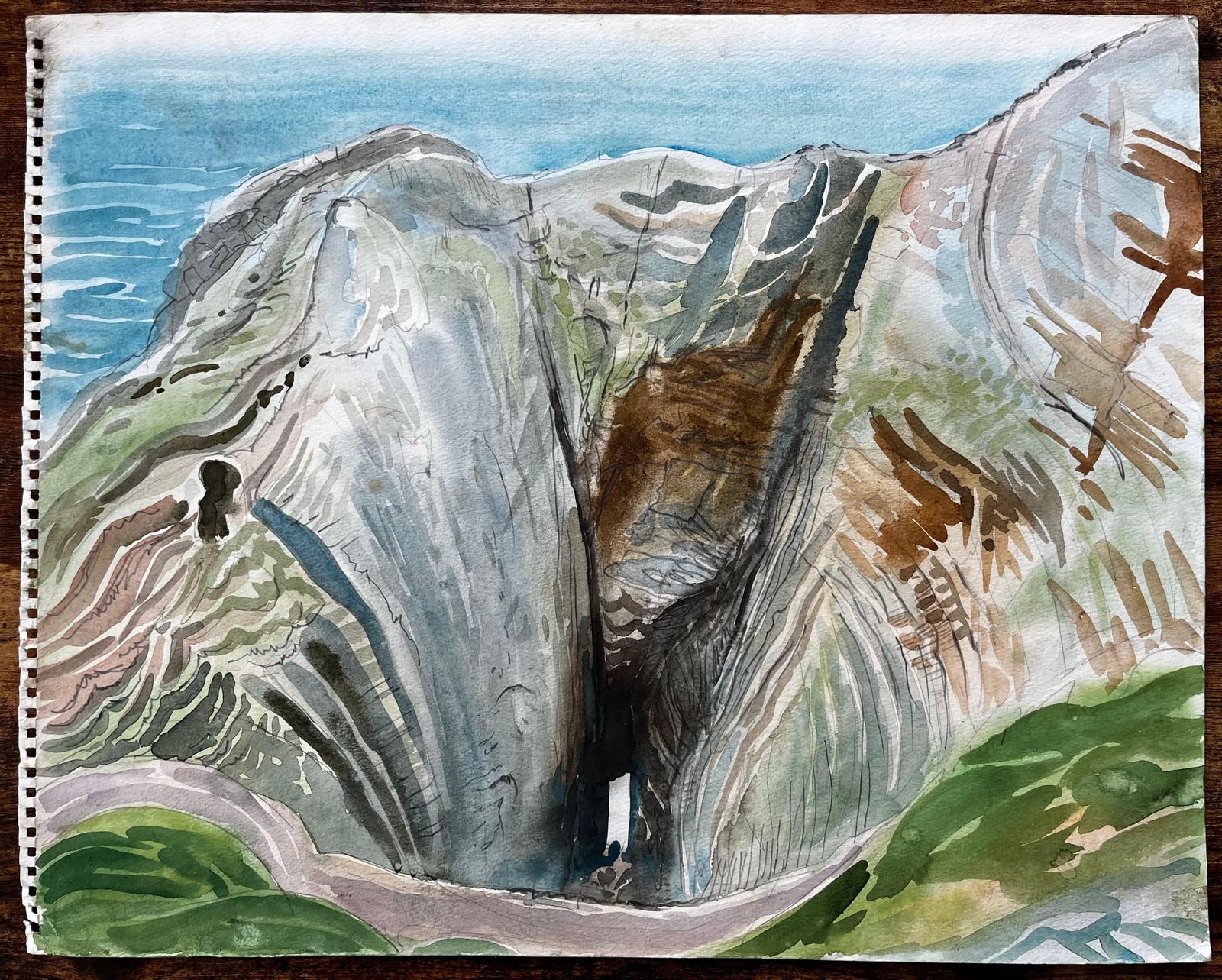 John Steane (B.1931) Dramatic Coastal Cliff Chasm And Sea View Expressive Watercolour By John Steane photo furniture