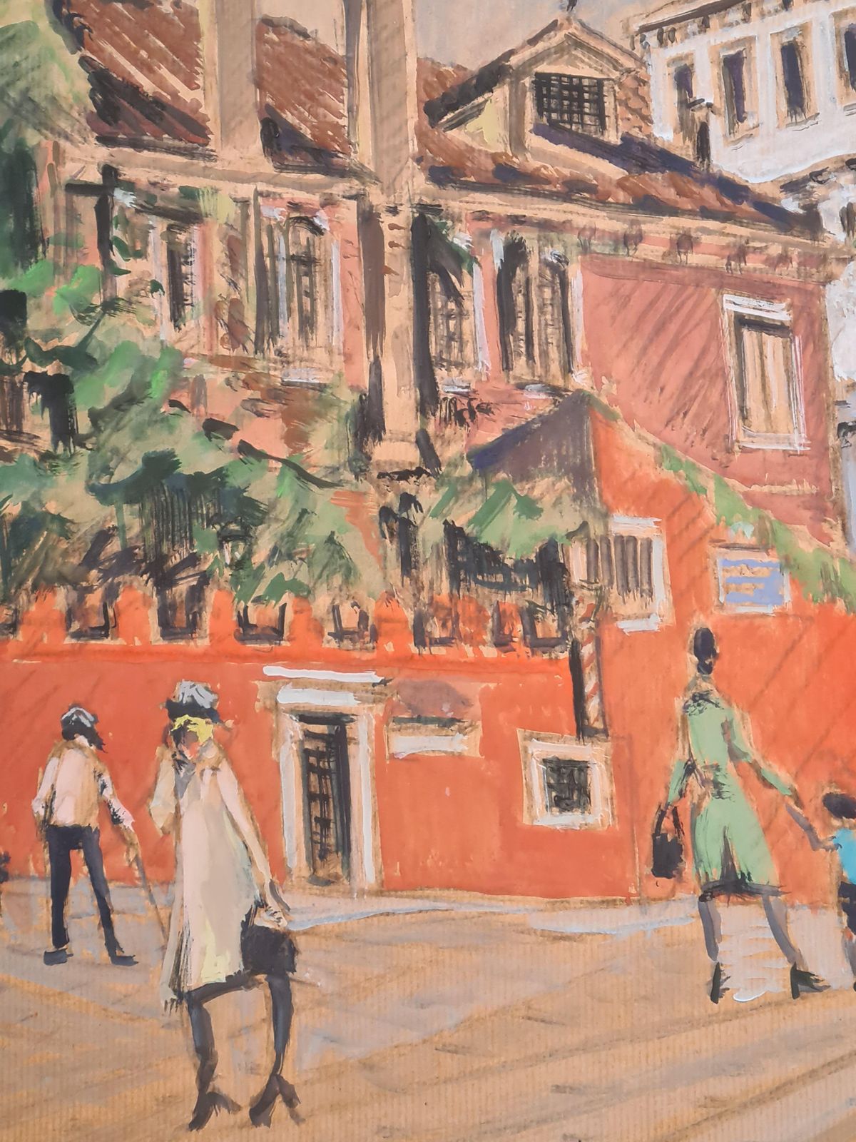 photo furniture Venice, Large Mid 20th Century Gouache On Paper, A Walk In The Piazza, 1960s By Pierre Pruvost