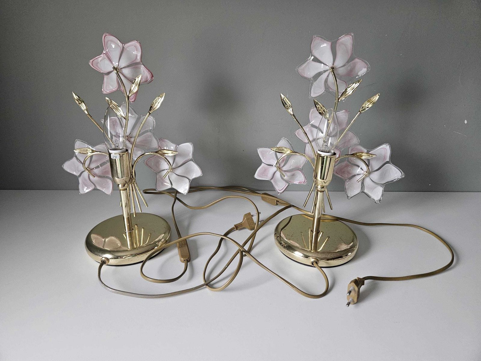 A Set Of 2 / Vintage Murano Glass Table Lamps / Pink Flowers Lamp / Italian Design / Hand Blown Glass photo 714.0