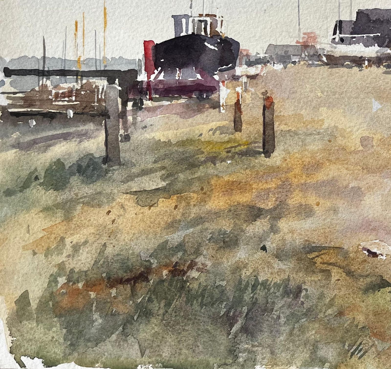 Anthony Herbert Coastal Boatyard With Fishing Huts Beached Boats And Red Flag Watercolour Scene photo vinterior