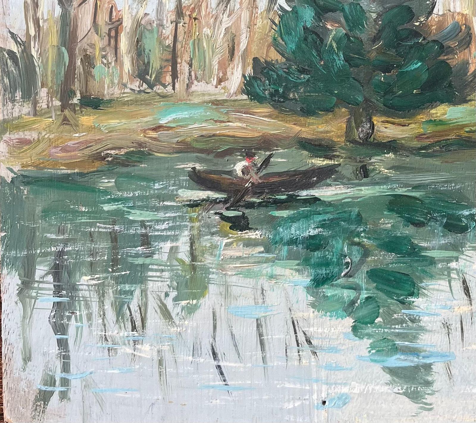 French Impressionist Oil Painting Of A Figure Rowing Along A Tranquil River photo for sale