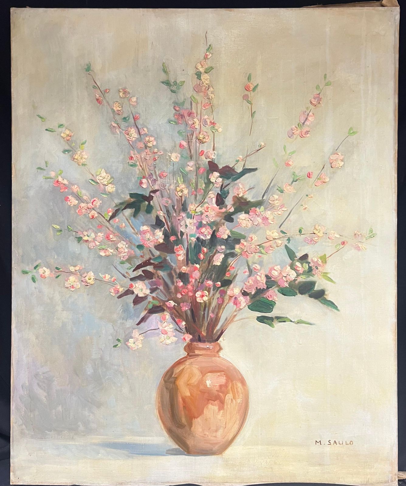 Huge Mid Century French Oil Floral Still Life Pink Blossoms In Terracotta Vase Mid 20th Century photo furniture