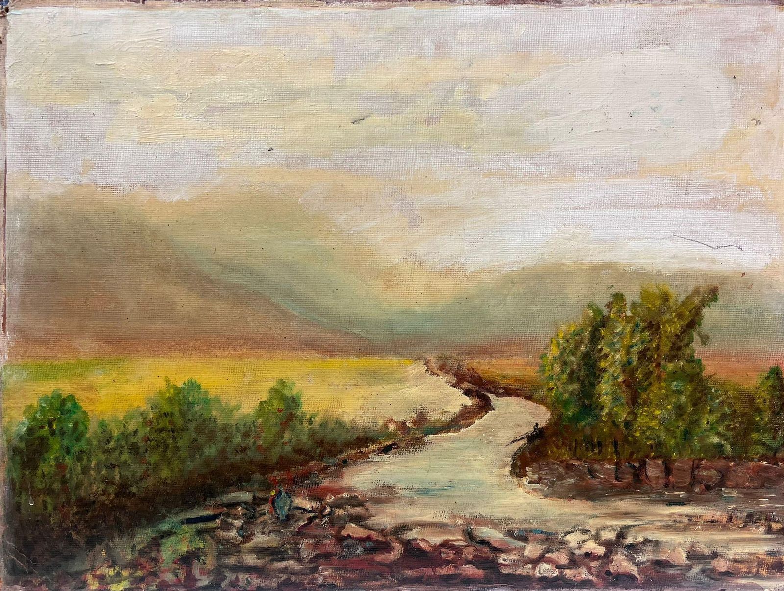 Vintage English Antique Oil Painting Winding River In Country Landscape