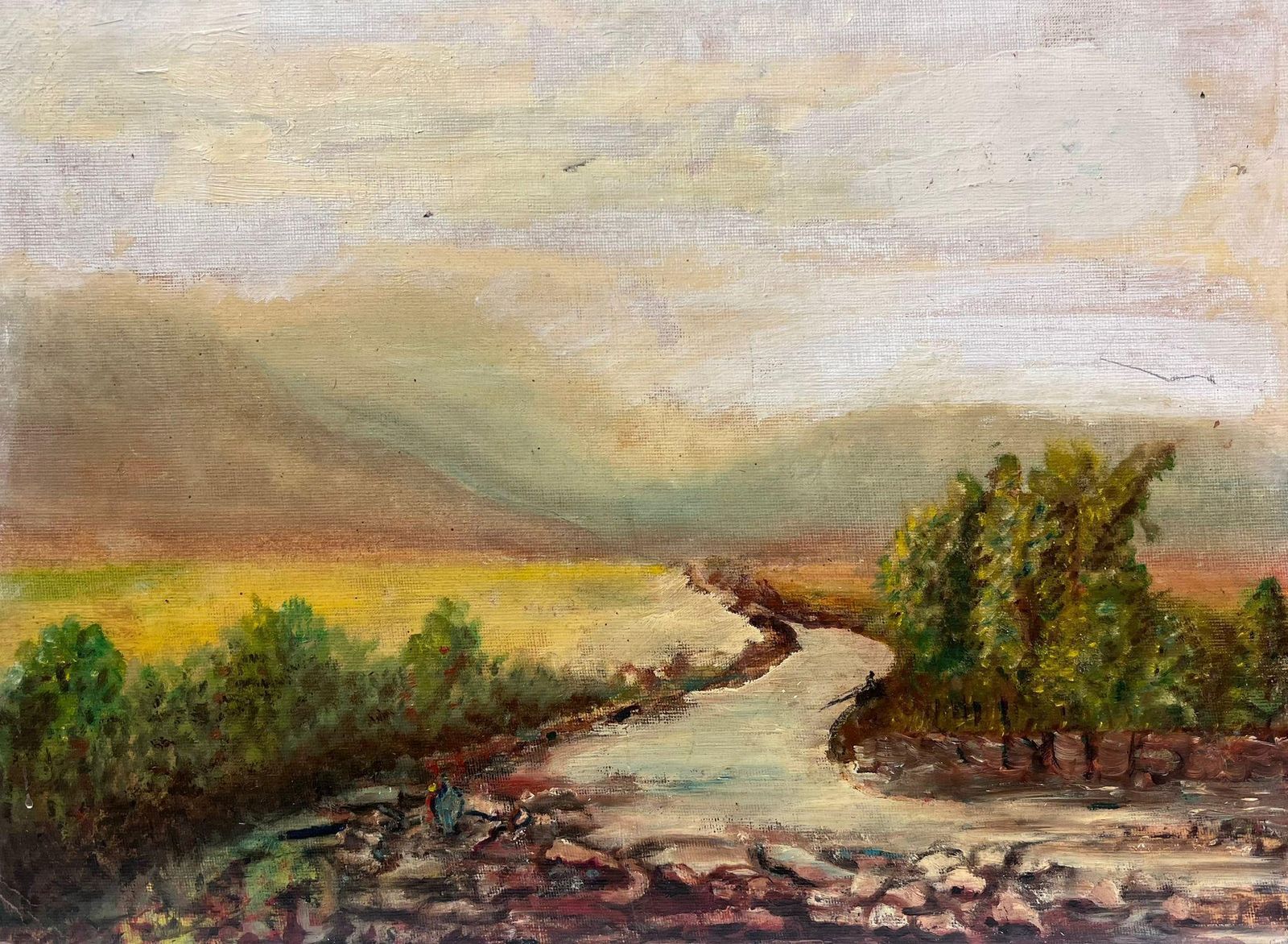 Vintage English Antique Oil Painting Winding River In Country Landscape photo furniture