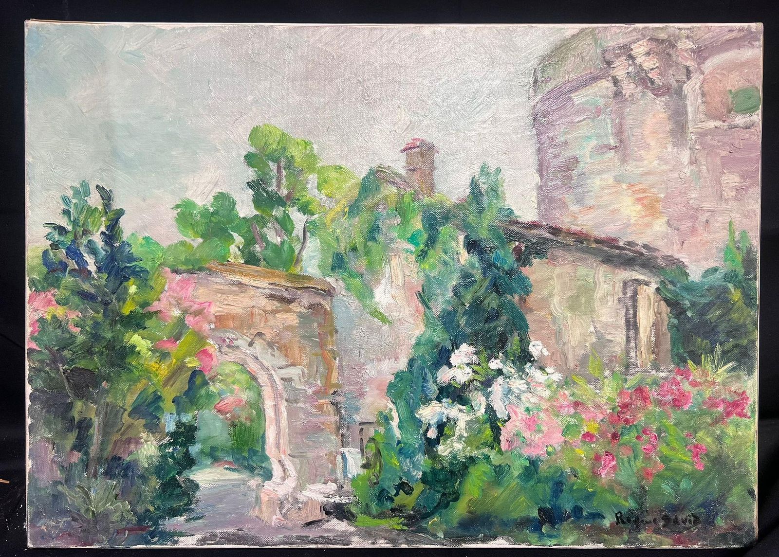 Mid 20th Cent French Post Impressionist Oil Old Fortress Chateau Flower Gardens 1950 photo furniture