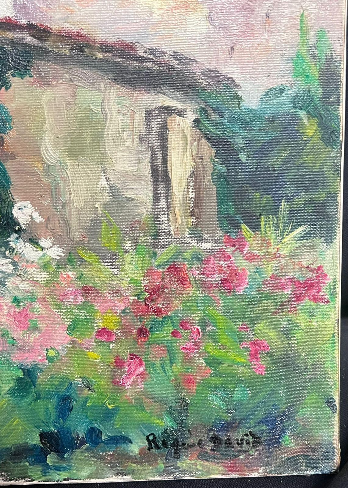Mid 20th Cent French Post Impressionist Oil Old Fortress Chateau Flower Gardens 1950 photo 745.0