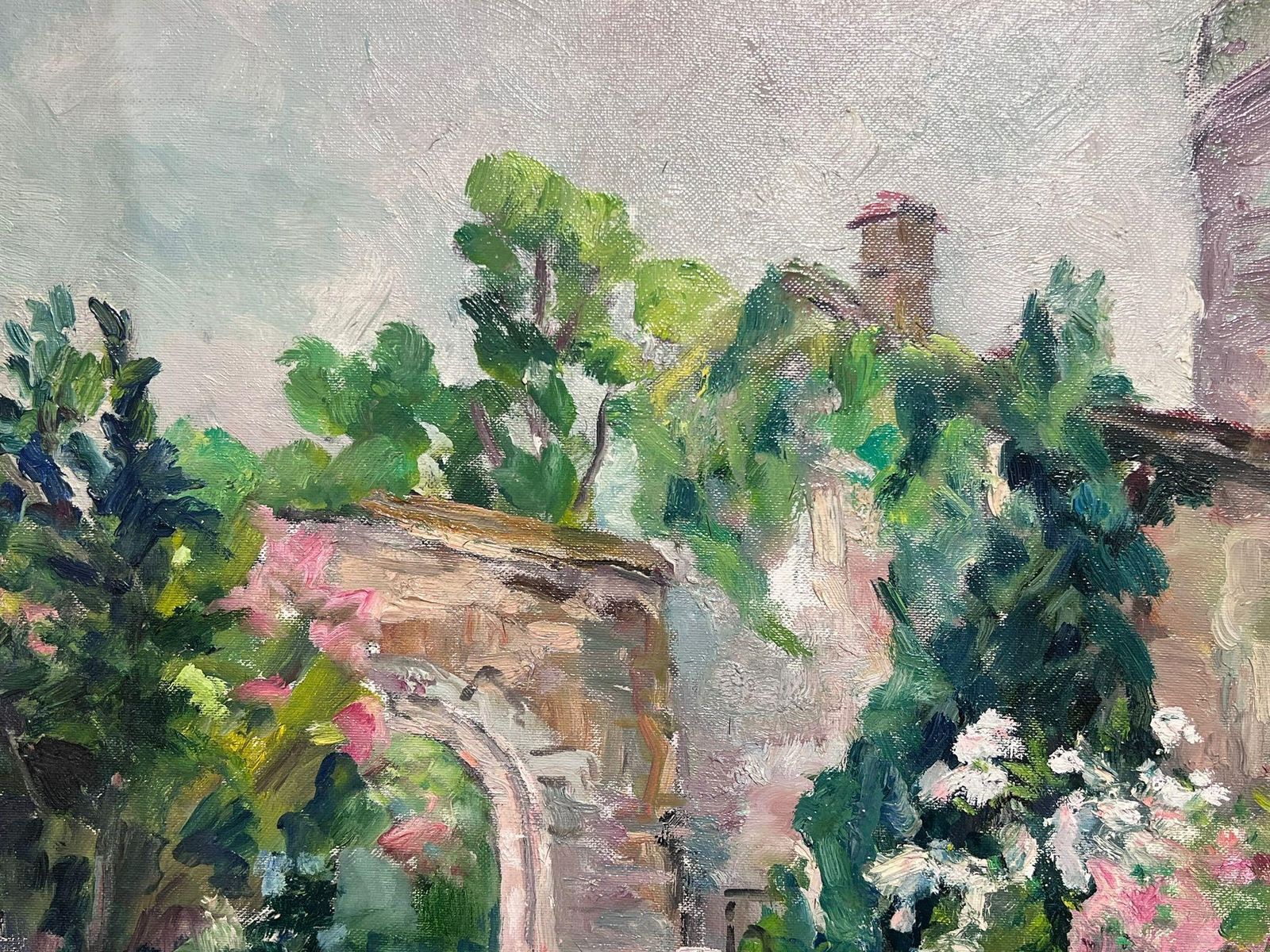 Mid 20th Cent French Post Impressionist Oil Old Fortress Chateau Flower Gardens 1950 photo buy