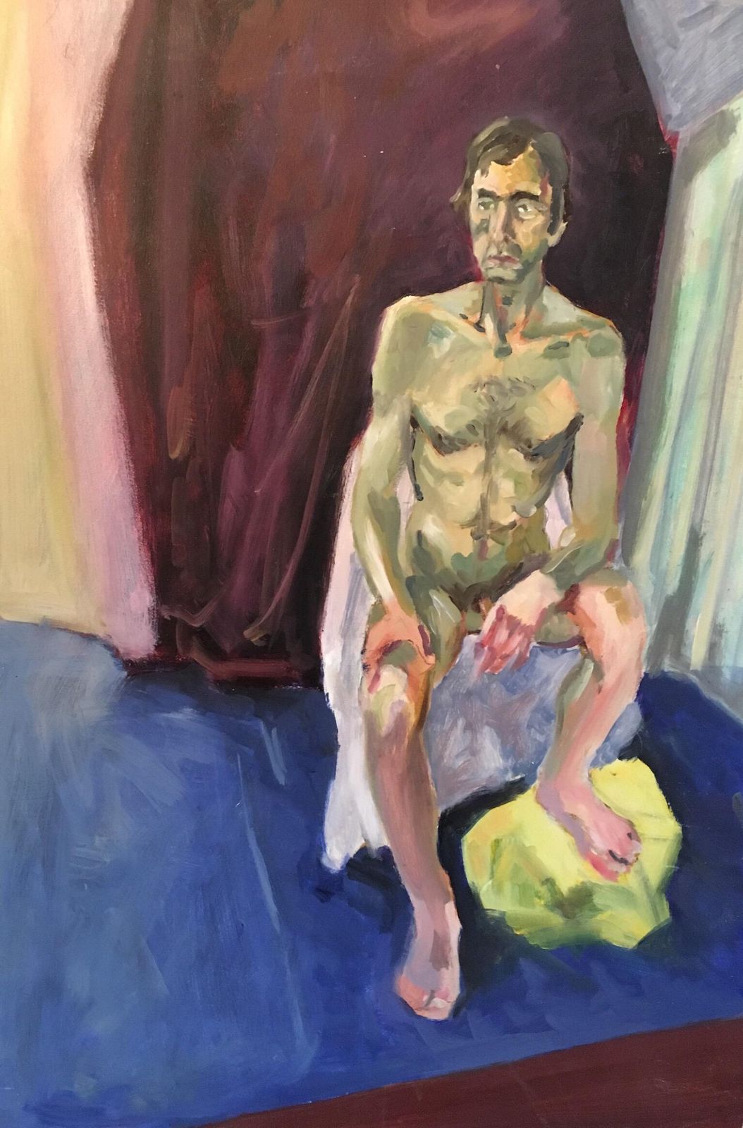 English 20th Century Nude Male Portrait, Burgundy Colour, Original Oil Painting C.1950s