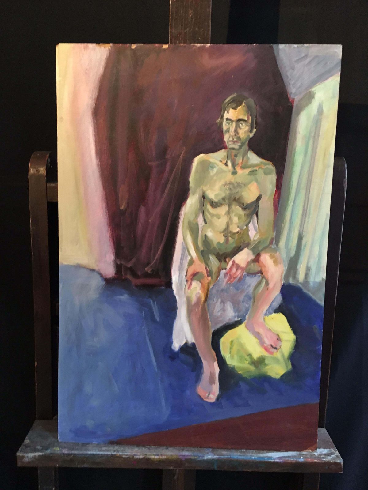 English 20th Century Nude Male Portrait, Burgundy Colour, Original Oil Painting C.1950s photo furniture