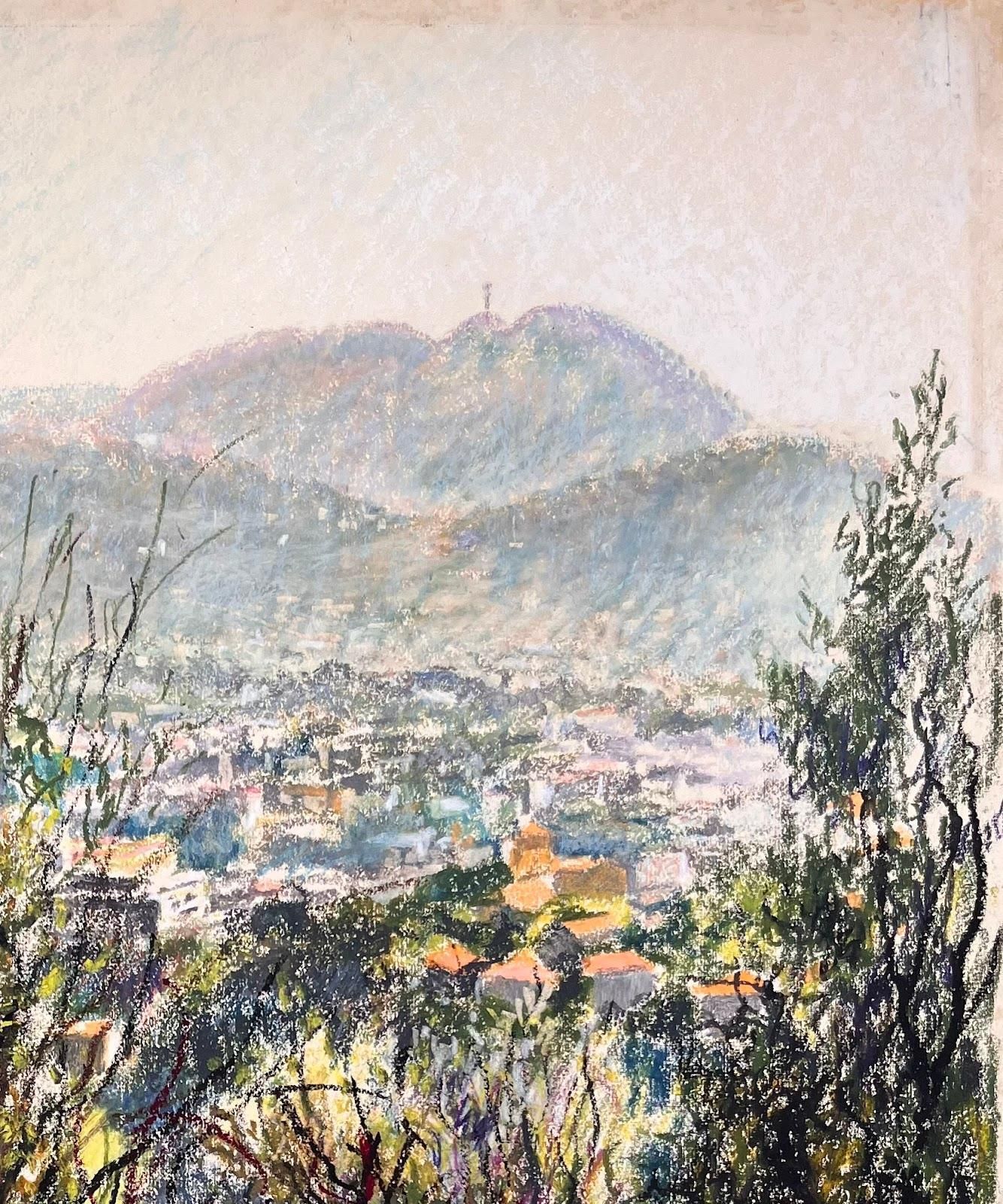 Josine Vignon Mid Century French Original Painting Of A Hillside Cityscape W/ Lush Vegetation 1950's photo for sale