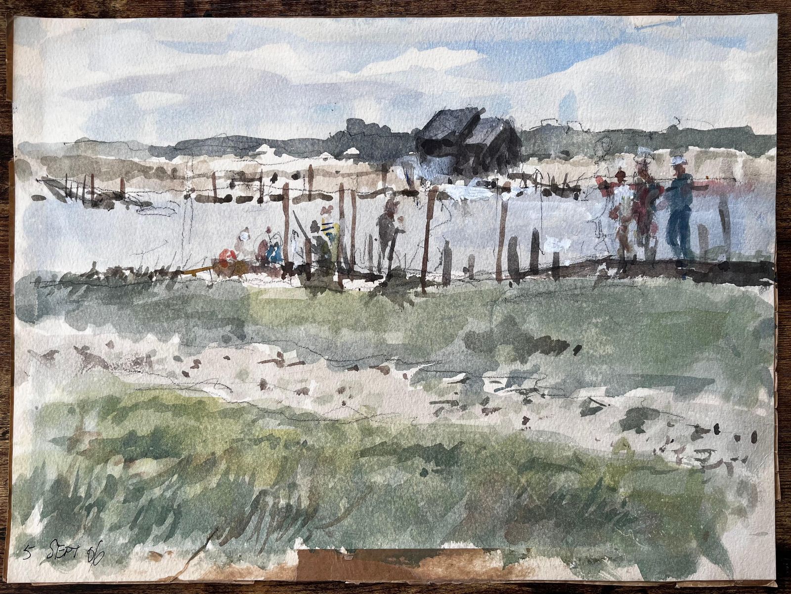 Anthony Herbert Original Watercolour Riverside Jetty With Figures 2006 By Tony Herbert 2006 photo furniture
