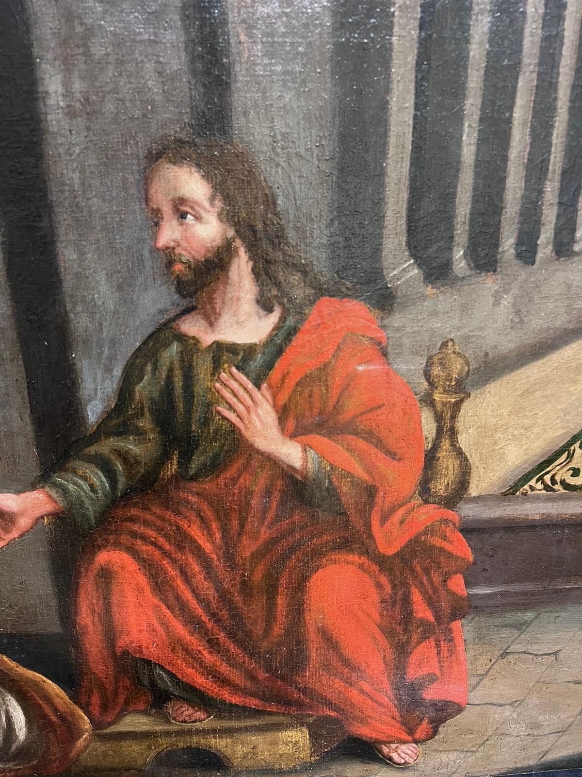 Italian 17th Century Old Master Huge I1600's Italian Old Master Oil On Canvas Jesus At House Of Mary & Martha 17th Century photo vintage