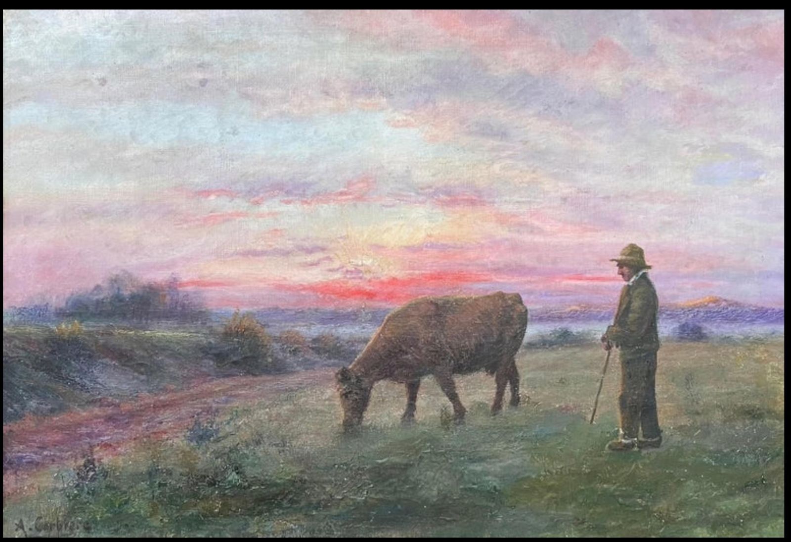 French School Antique French Romantic Signed Oil Painting Farmer & Cow Sunset Field Landscape photo furniture