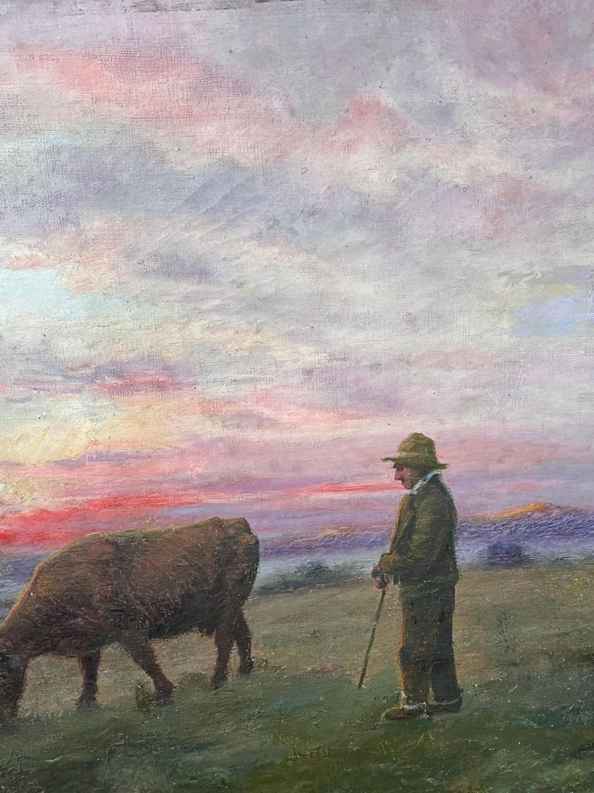 French School Antique French Romantic Signed Oil Painting Farmer & Cow Sunset Field Landscape photo vinterior