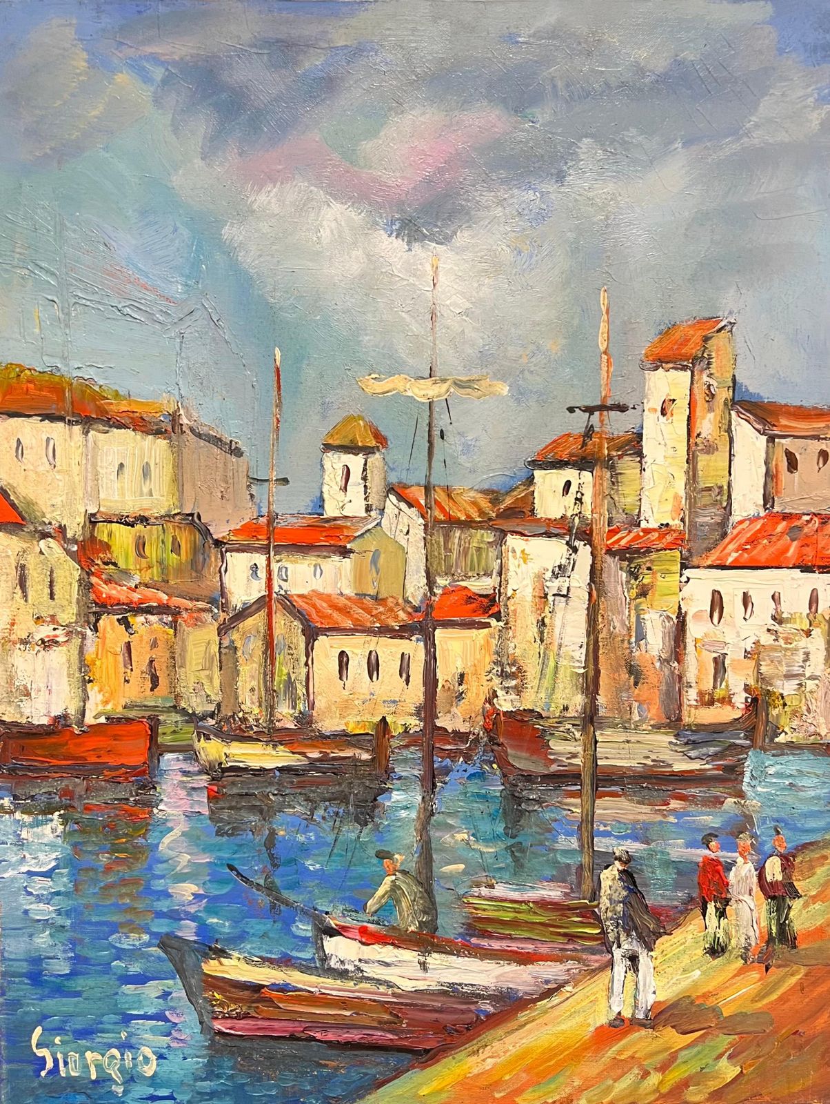 French School 1970's French Mediterranean Harbor Scene Vibrant Coastal Village Boats Figures