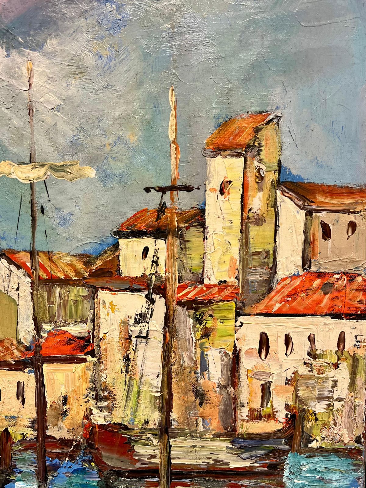 French School 1970's French Mediterranean Harbor Scene Vibrant Coastal Village Boats Figures photo for sale