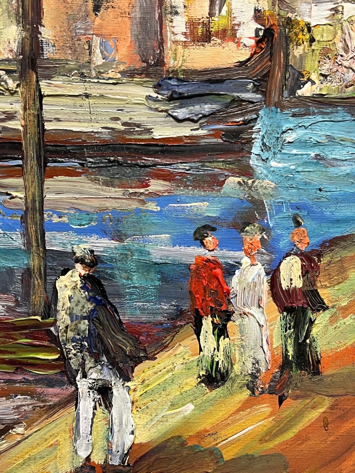 French School 1970's French Mediterranean Harbor Scene Vibrant Coastal Village Boats Figures photo vinterior