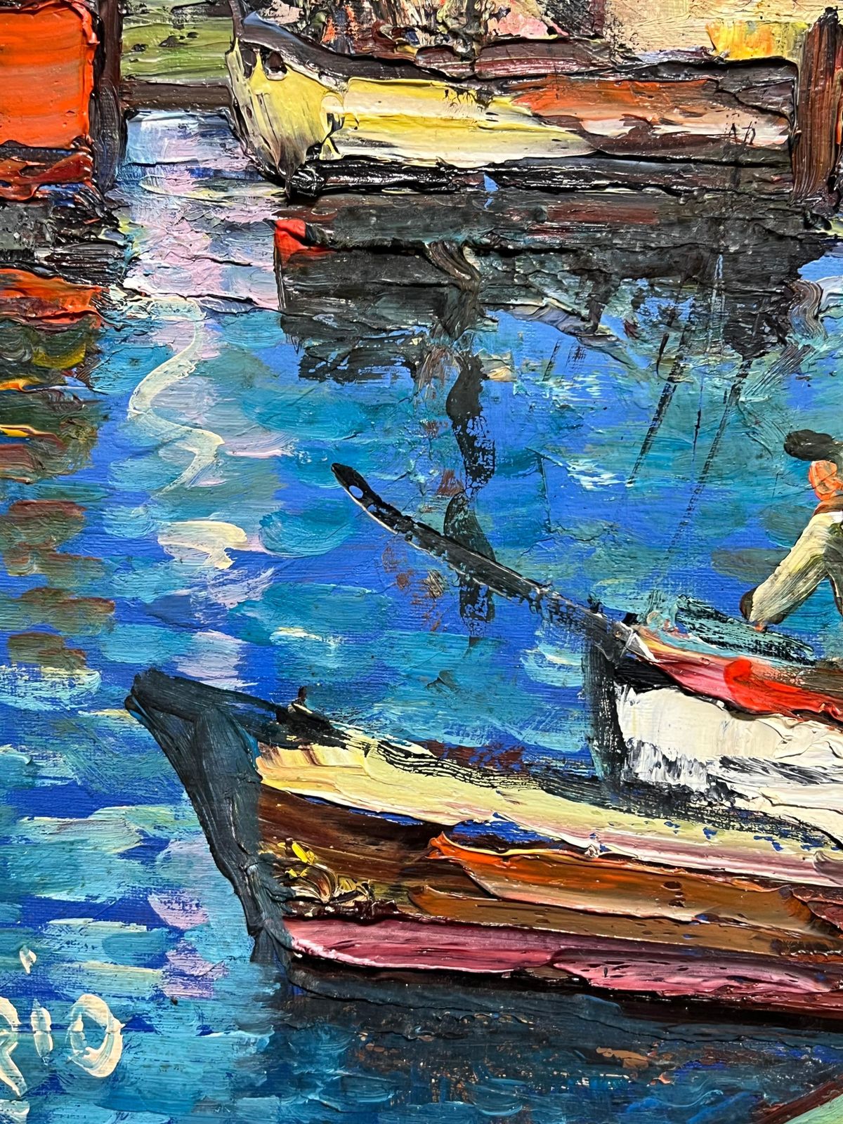 photo furniture French School 1970's French Mediterranean Harbor Scene Vibrant Coastal Village Boats Figures