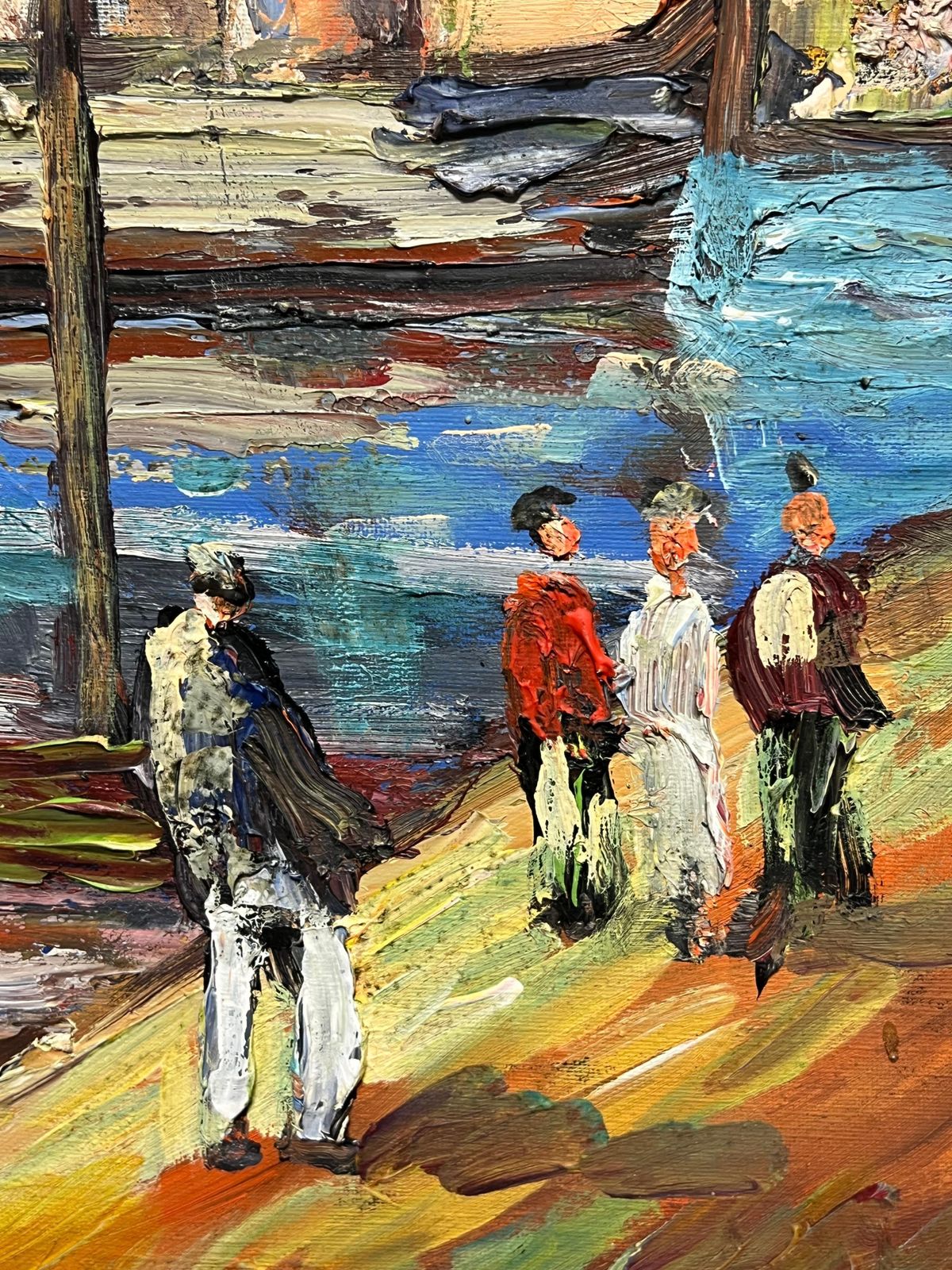 Art French School 1970's French Mediterranean Harbor Scene Vibrant Coastal Village Boats Figures photo