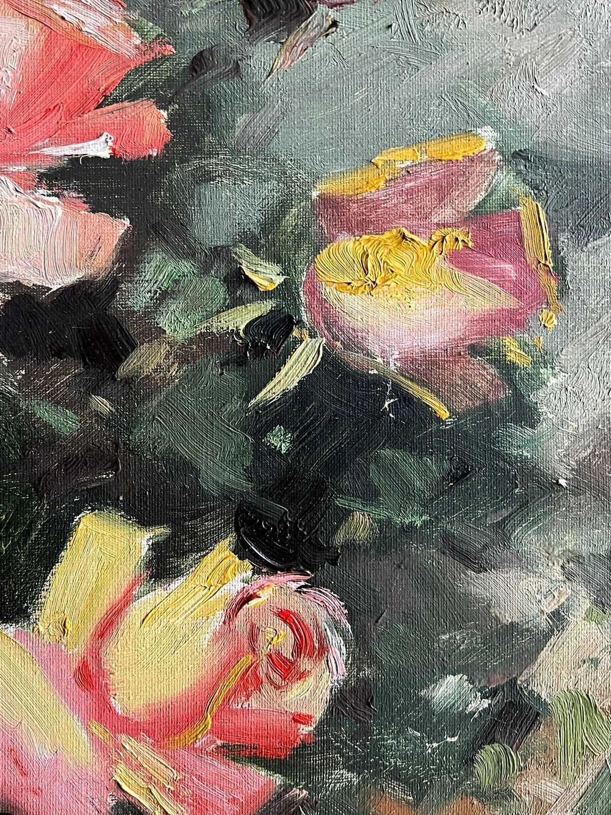 French School Mid 20th Century French Vintage Floral Still Life With Roses In A Red Vase photo vinterior