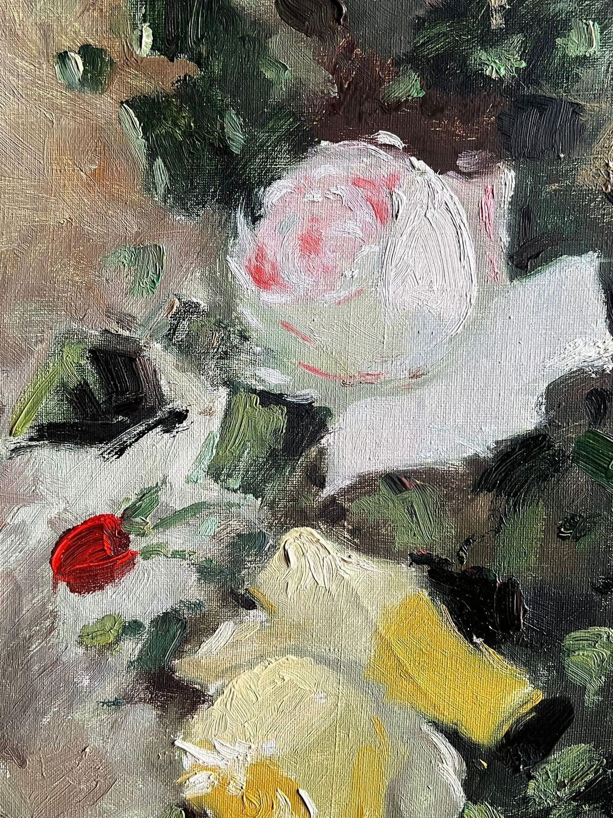 photo for sale French School Mid 20th Century French Vintage Floral Still Life With Roses In A Red Vase