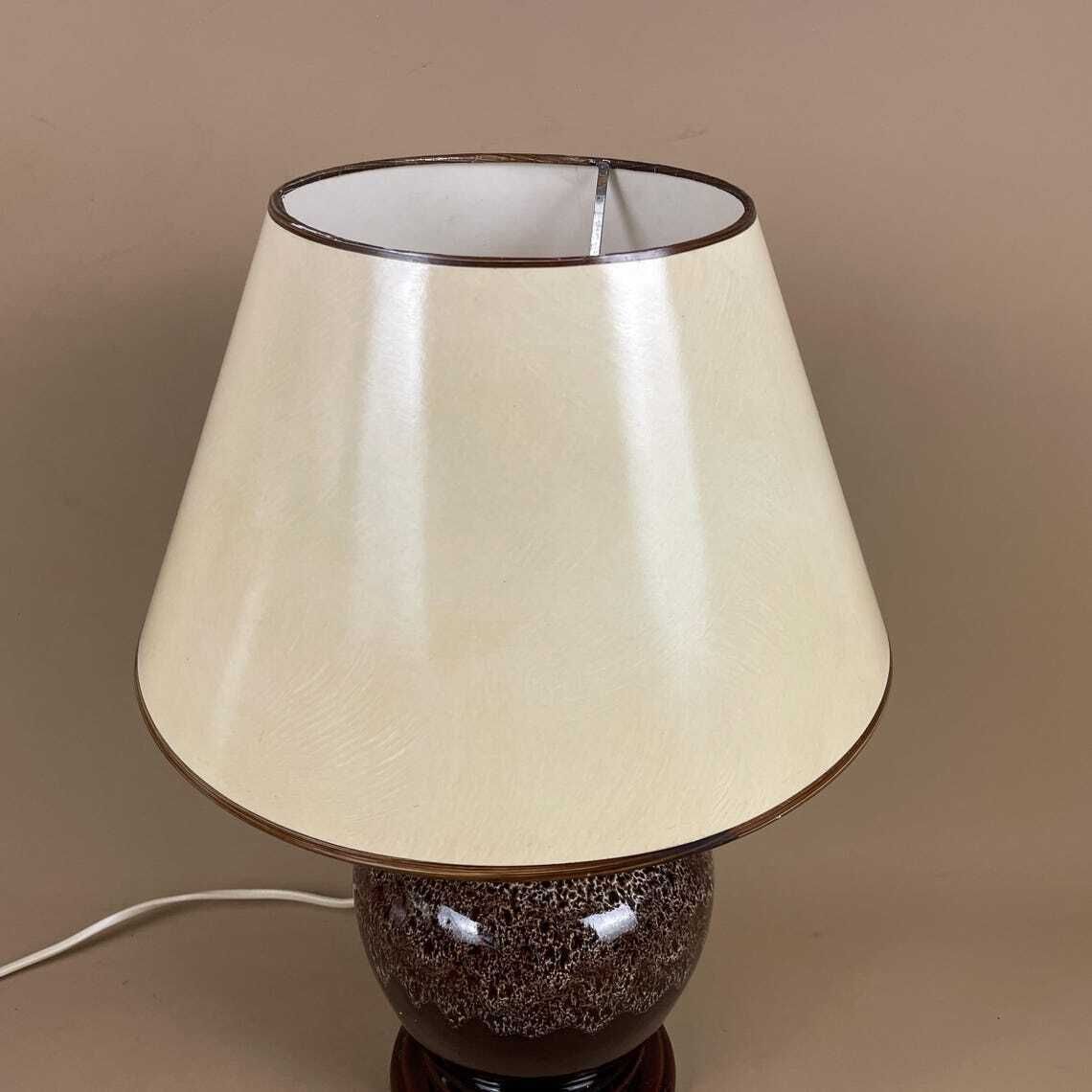 Ceramic Table Lamp Light Brown Mottled Speckled Round Glaze Finish C.1970's Porcelain Bedside Abstract Antique Vintage Marbled Lampshade photo vinterior