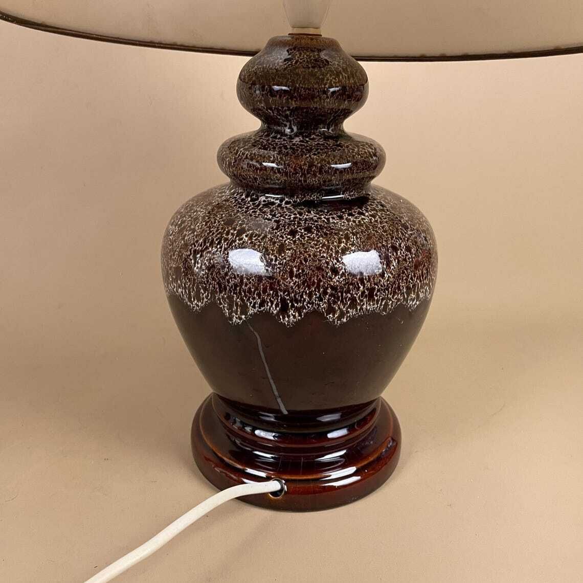 photo furniture Ceramic Table Lamp Light Brown Mottled Speckled Round Glaze Finish C.1970's Porcelain Bedside Abstract Antique Vintage Marbled Lampshade