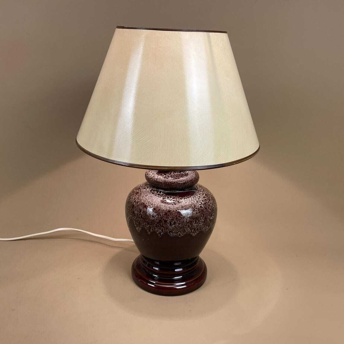 photo vinterior Ceramic Table Lamp Light Brown Mottled Speckled Round Glaze Finish C.1970's Porcelain Bedside Abstract Antique Vintage Marbled Lampshade