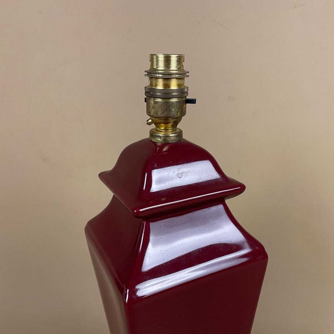 Ceramic Lamp Light Bedside Table Glazed Dark Burgundy Red Antique Gold Brass Metal Base Vase Vintage Elegant Classic photo 118.0