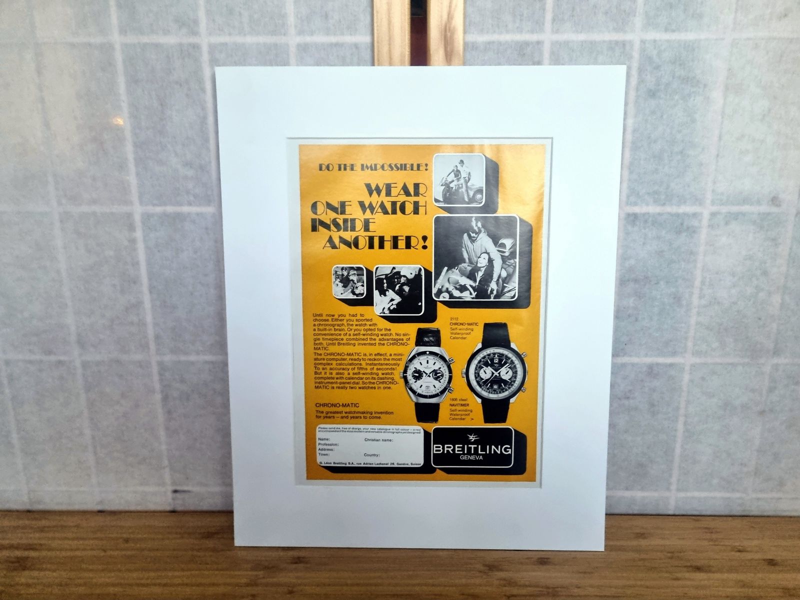 Vintage Watch Print Advertisement, Breitling Chrono Matic, 1960s Swiss Watch Magazine Ad Mounted photo 65.0