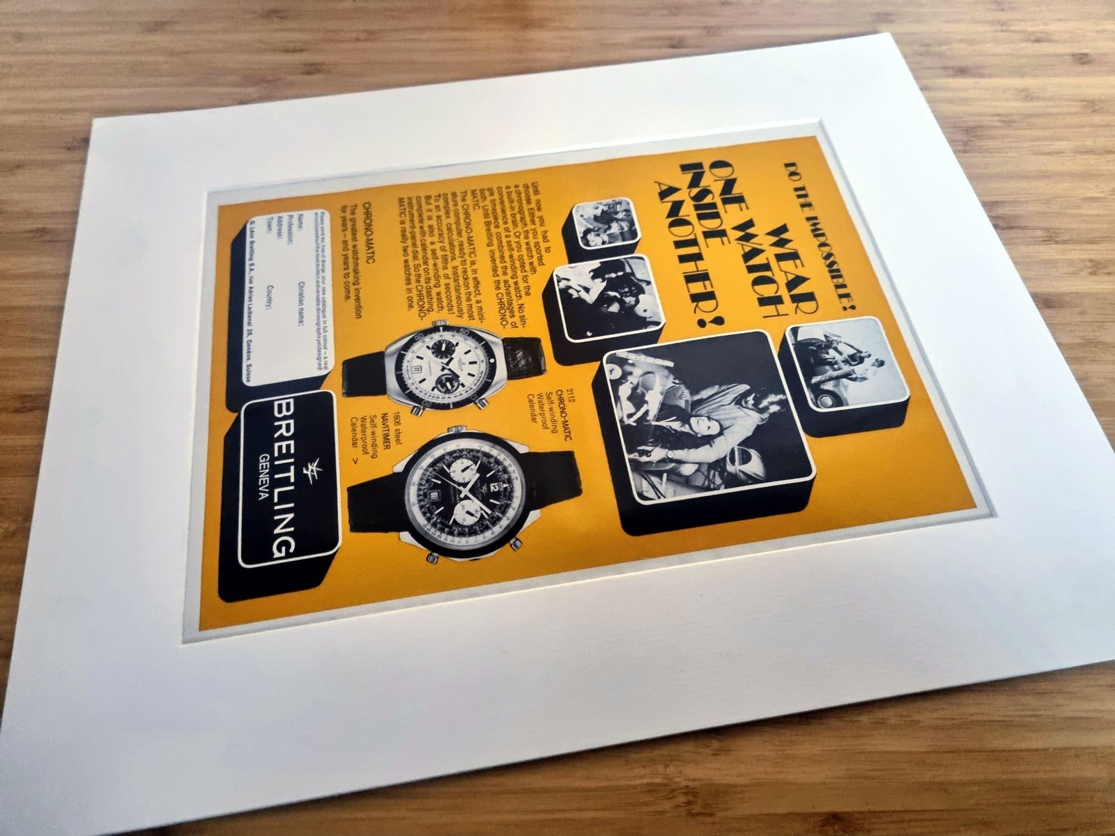 Vintage Watch Print Advertisement, Breitling Chrono Matic, 1960s Swiss Watch Magazine Ad Mounted photo vinterior
