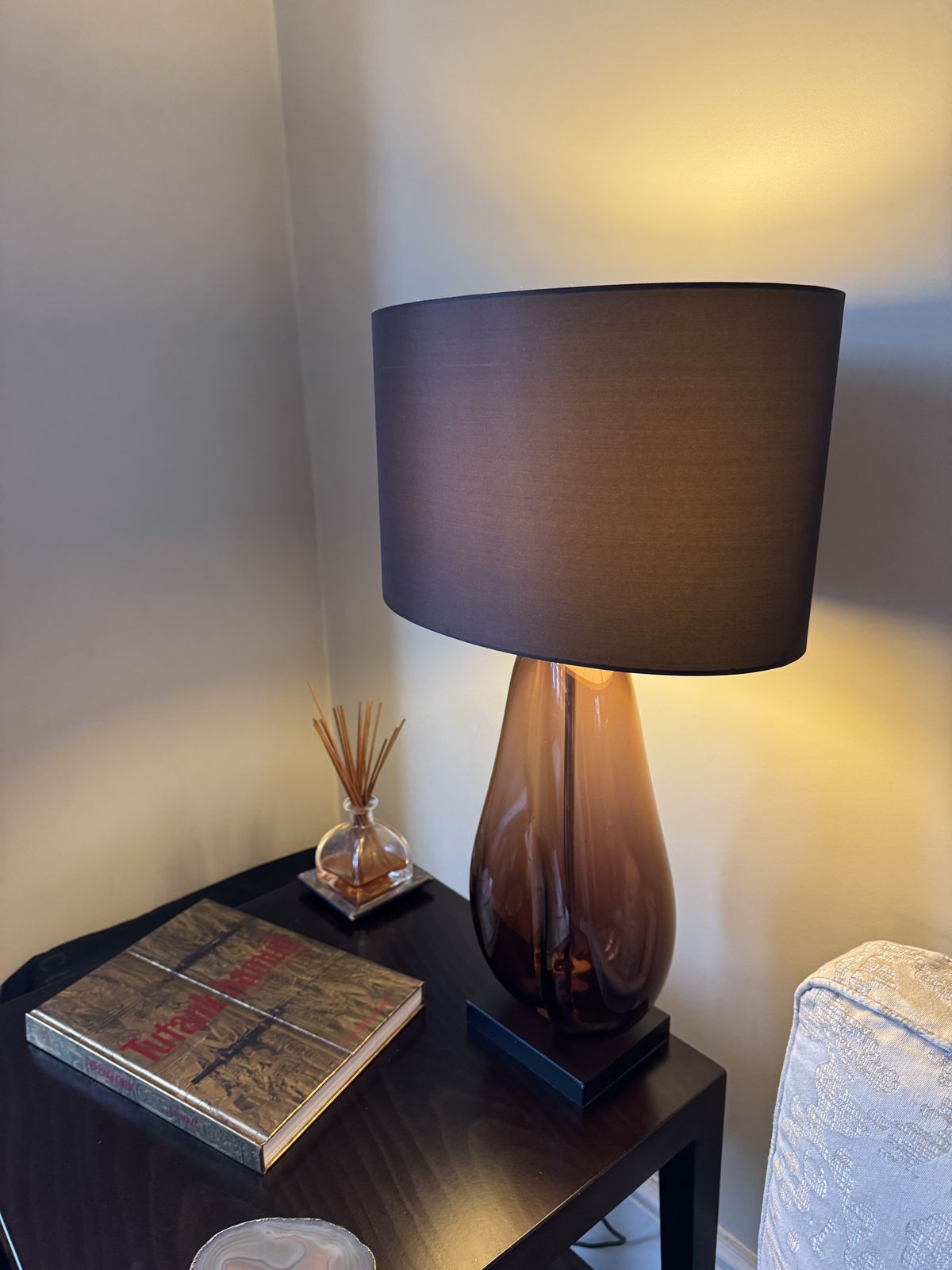 Pair Of Porta Romana Coffee Bean Table Lamps – Amber Glass photo for sale