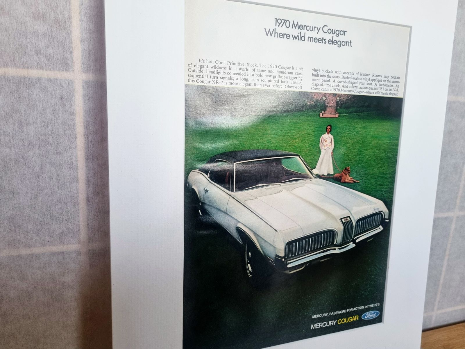 Vintage Car Print Advertisement, Mercury Cougar Magazine Ad, 1970s American Automobile Wall Art Mounted photo Art