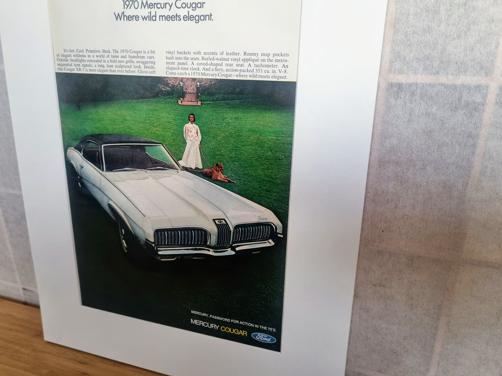 Vintage Car Print Advertisement, Mercury Cougar Magazine Ad, 1970s American Automobile Wall Art Mounted photo vinterior