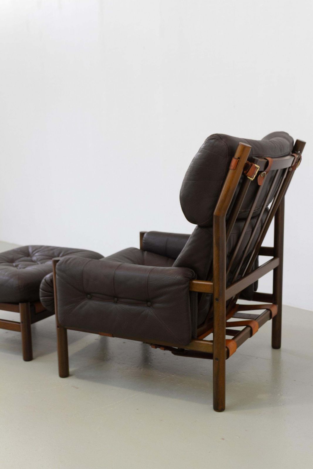 Scandinavian Mid Century Safari Lounge Chair And Stool By Bruksbo, Norway. 1970s photo for sale
