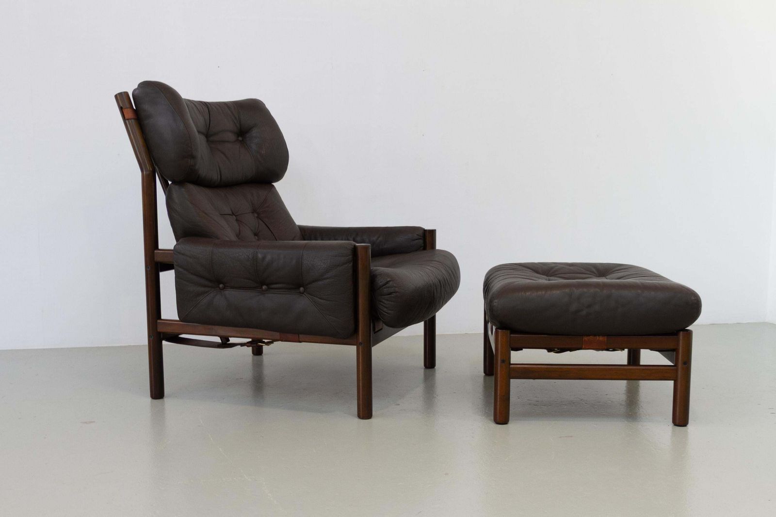 3329.0 Scandinavian Mid Century Safari Lounge Chair And Stool By Bruksbo, Norway. 1970s photo