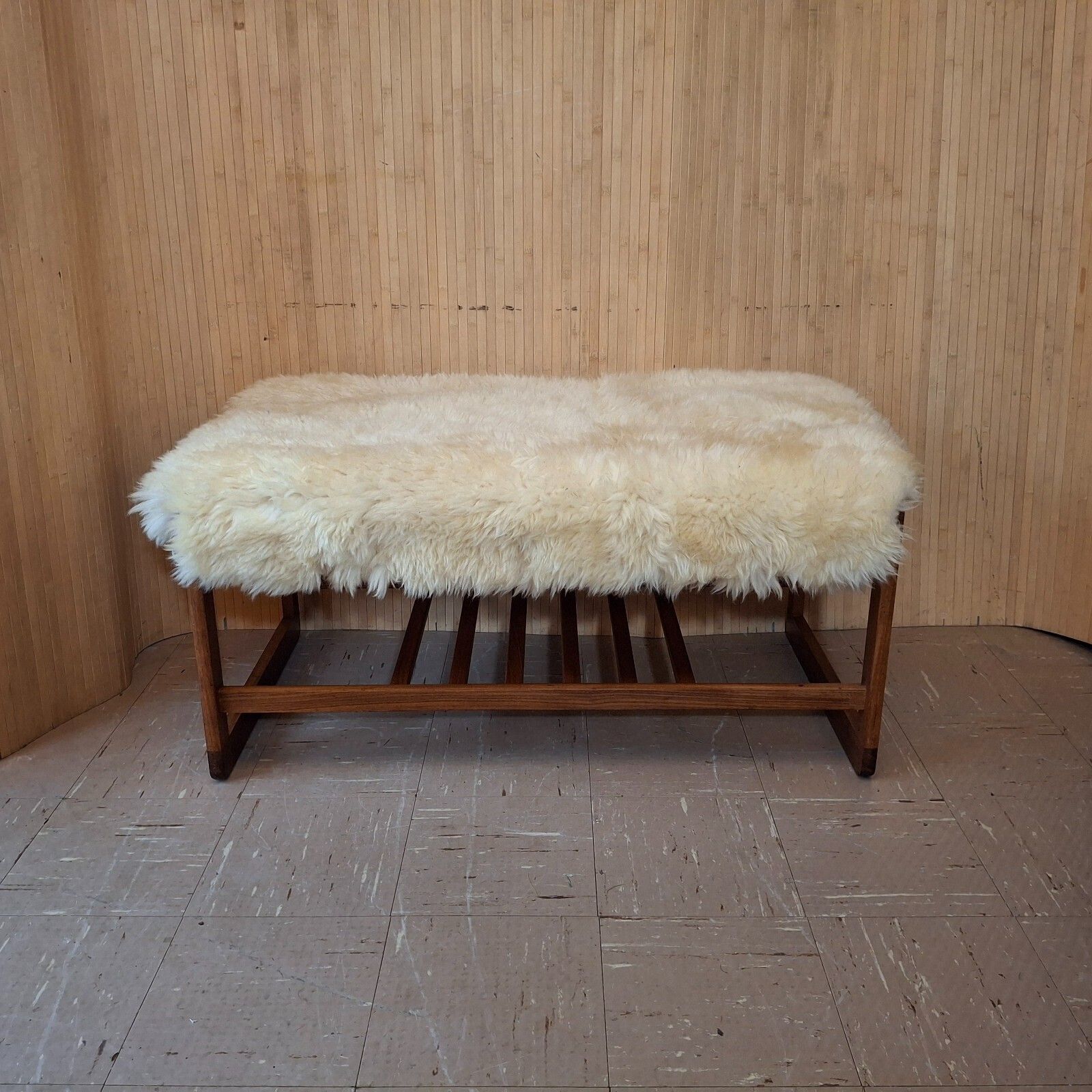 Fab Vintage Retro Bench Seat Boot Room Hall Gym Shoe Rack Teak Cream Sheepskin photo furniture