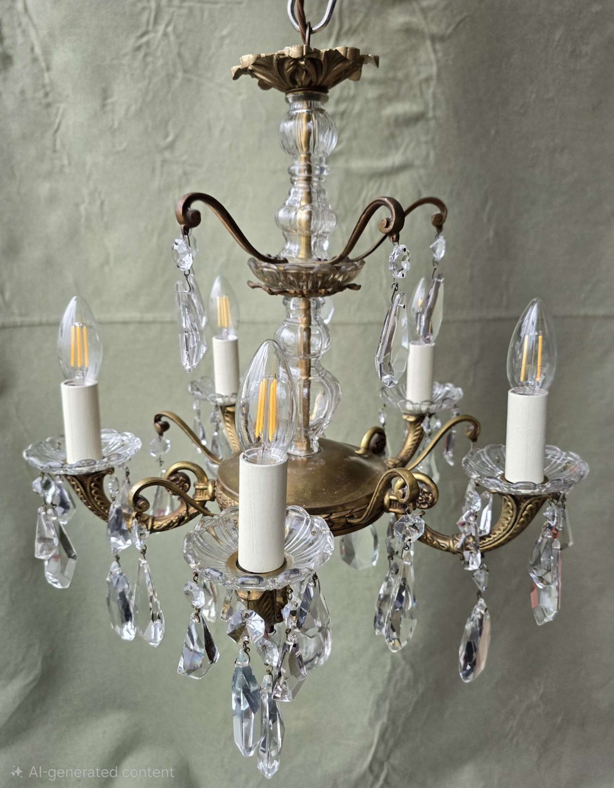 Vintage Brass & Crystal 5 Arm Chandelier – Mid Century European Design photo 520.0