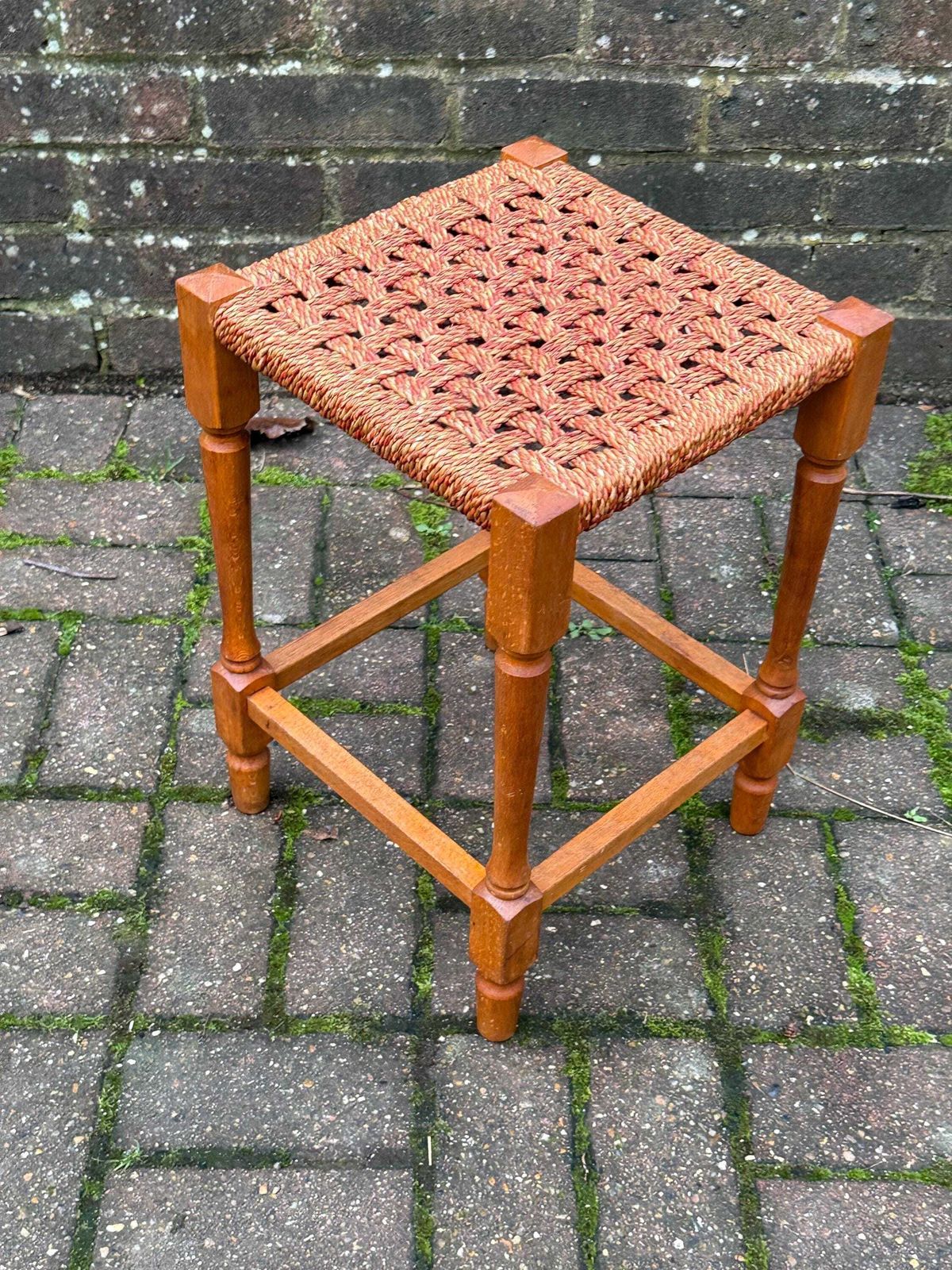 Vintage String Seat Stool 1970s 1980s Country Cottage Wooden Footstool photo furniture