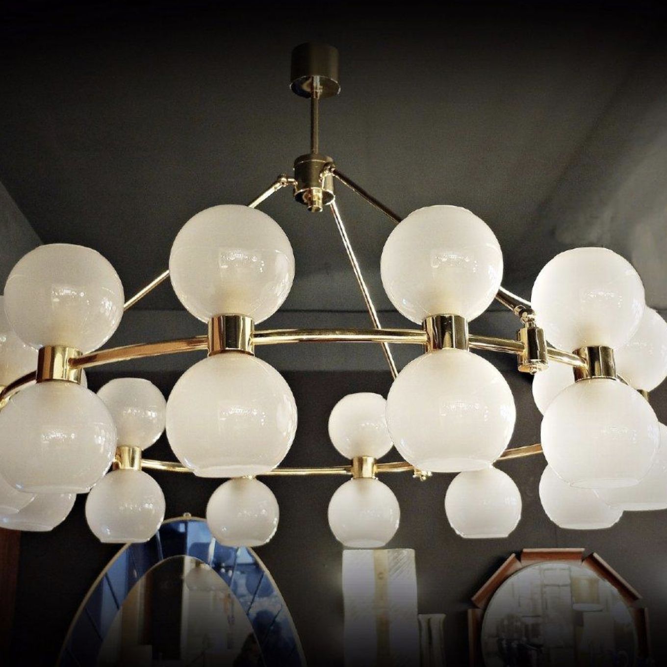 Large Italian Crown Chandelier – Brass & Opaline – Italy photo buy