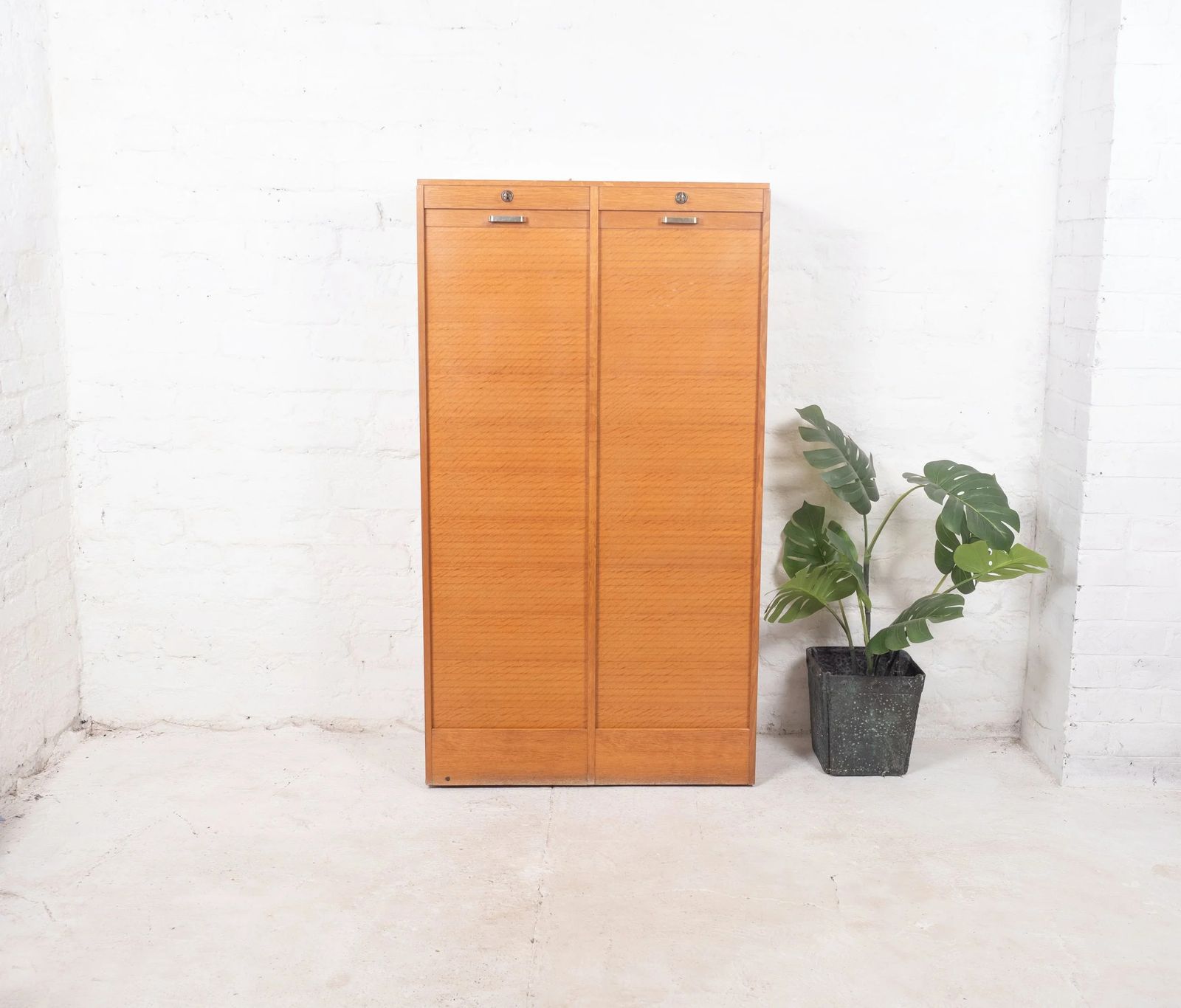 Mid Century French Oak Twin Door Tambour Cabinet