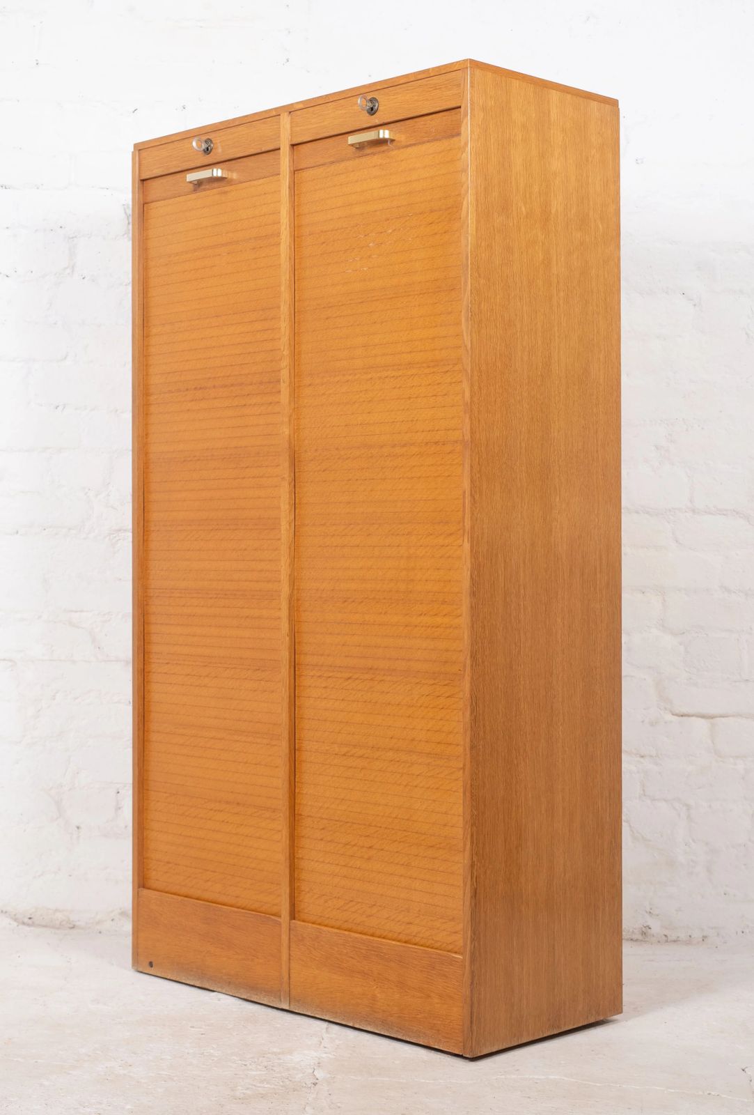 Mid Century French Oak Twin Door Tambour Cabinet photo for sale